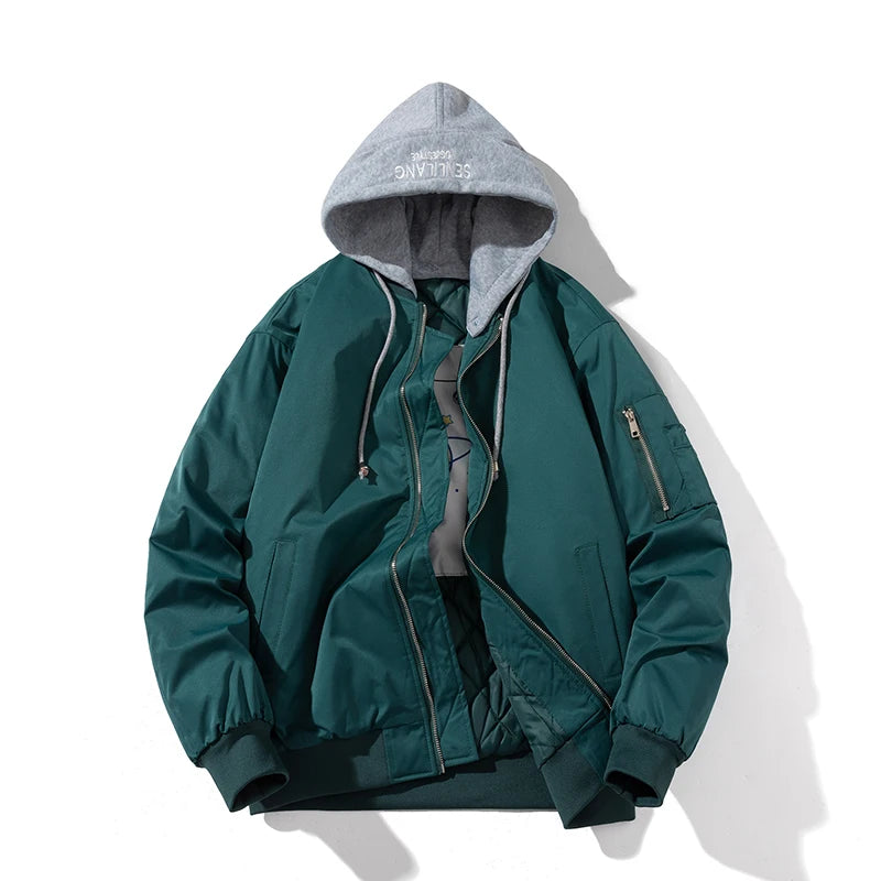 Autumn Winter Pilot Jacket Men Women Solid Bomber Jacket Vintage Fashion Casual Windbreaker Coat Hooded Couple Parkas Blue Khaki