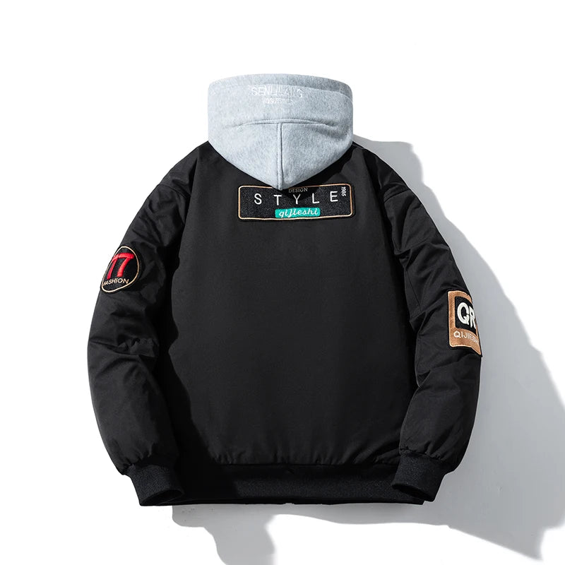 Vintage Bomber Jacket Man Badge Army Pilot Jacket Mens Military Letter American Motorcycle Coat Hooded Winter Parkas Streetwear