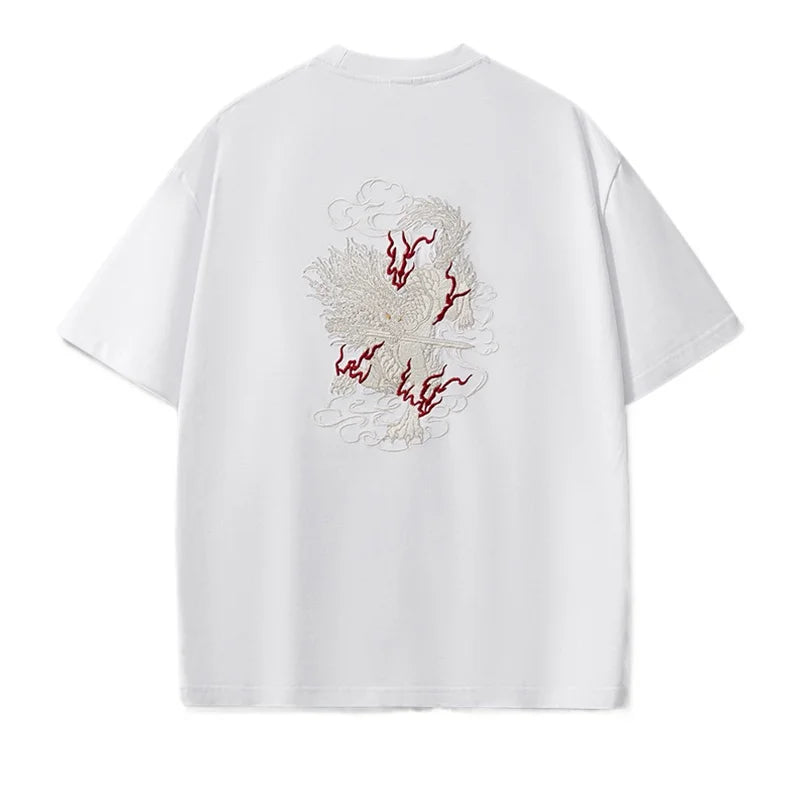 Mens T Shirts Coton Dragon Embroidery T Shirt Chinese Casual Short Sleeve Vintage Graphic Tees Loose Streetwear Summer Tops 2025