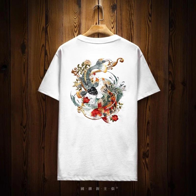 Mens Summer T Shirts Chinese Carp Embroidery T Shirt Men Vintage Graphic Tees Harajuku Cotton Casual Short Sleeve High Quality