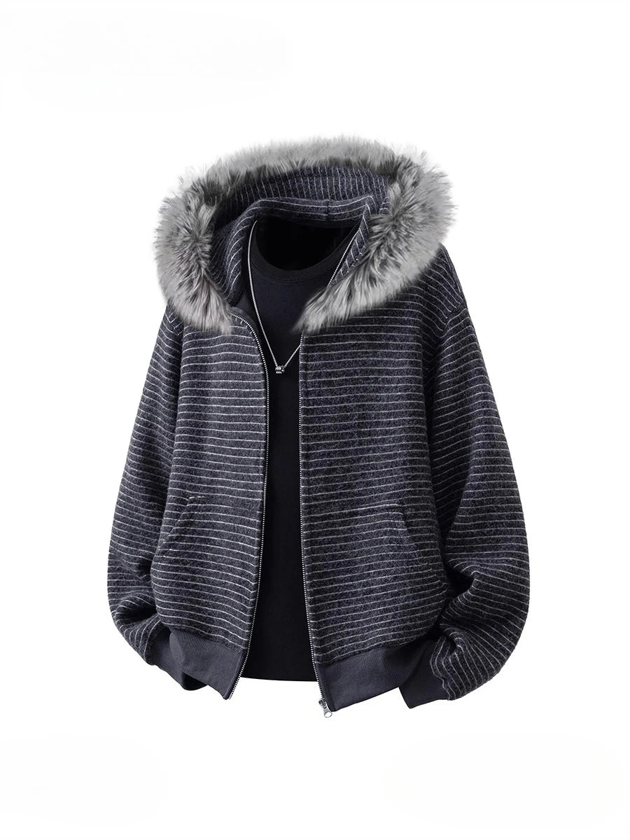 Zip Up Hoodie Man Stripe Hoodies Women Fashion Fur Collar Vintage Sweatshirt Hooded Zipper Coat Japanese Designer Harajuku 2025
