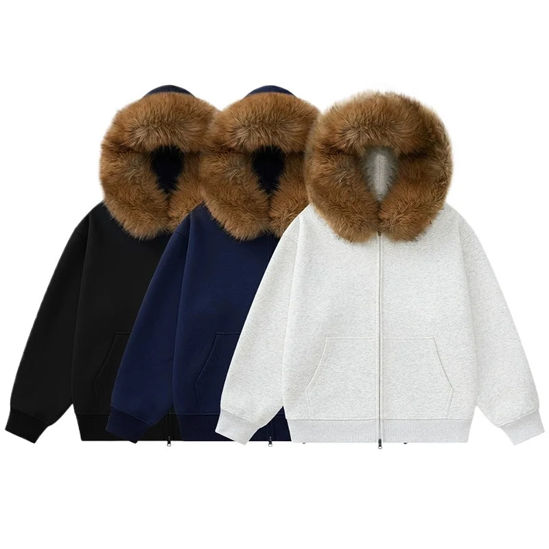 Fashion Hoodie Man Big Size Oversize Hoodies Women Fur Collar Solid Color Hooded Sweatshirt Casual  American Vintage Zipper 2025