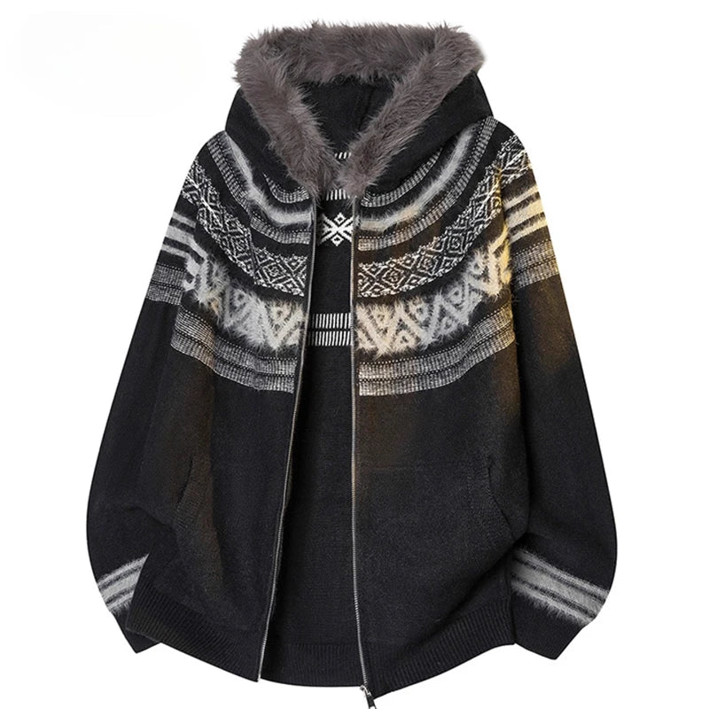 Cardigan Men Vintage Knitted Hooded Sweater Women Fashion Fur Collar Casual Jacquard Sweater Loose Japanese Harajuku Unisex Hat