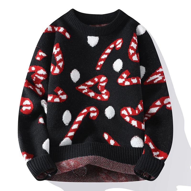 Christmas Print Knitted Sweater Men Vintage Knitwear Sweater Jacquard Thick Warm Korean Crewneck Pullover Male Youth Hipster Red
