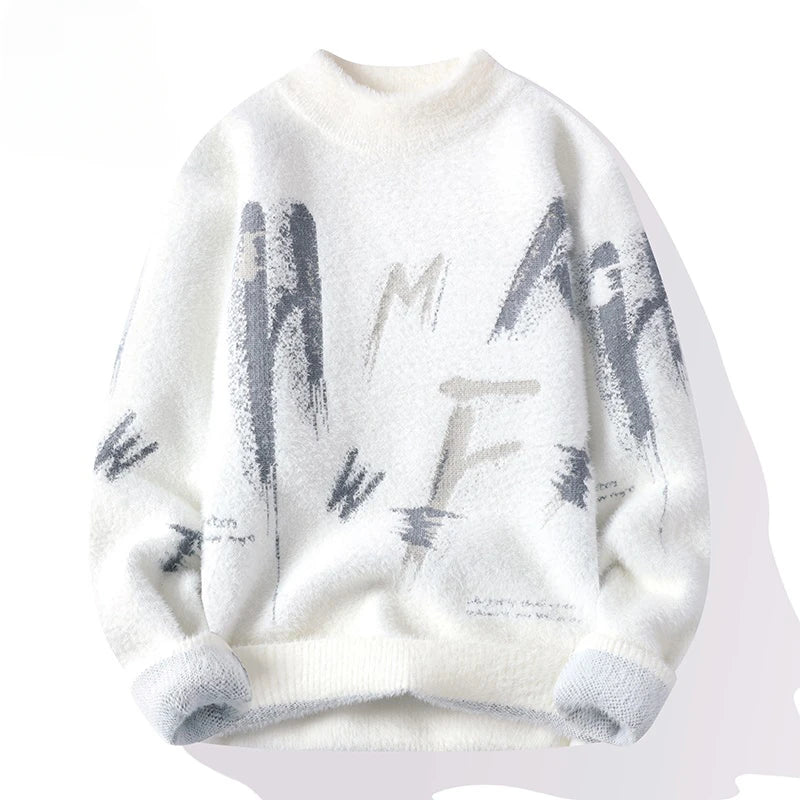 Winter Knitted Sweater Men Letter Fashion Casual Sweater Knitwear Warm Letter Mock Neck Pullover Men Clothing Korean Youth 2023