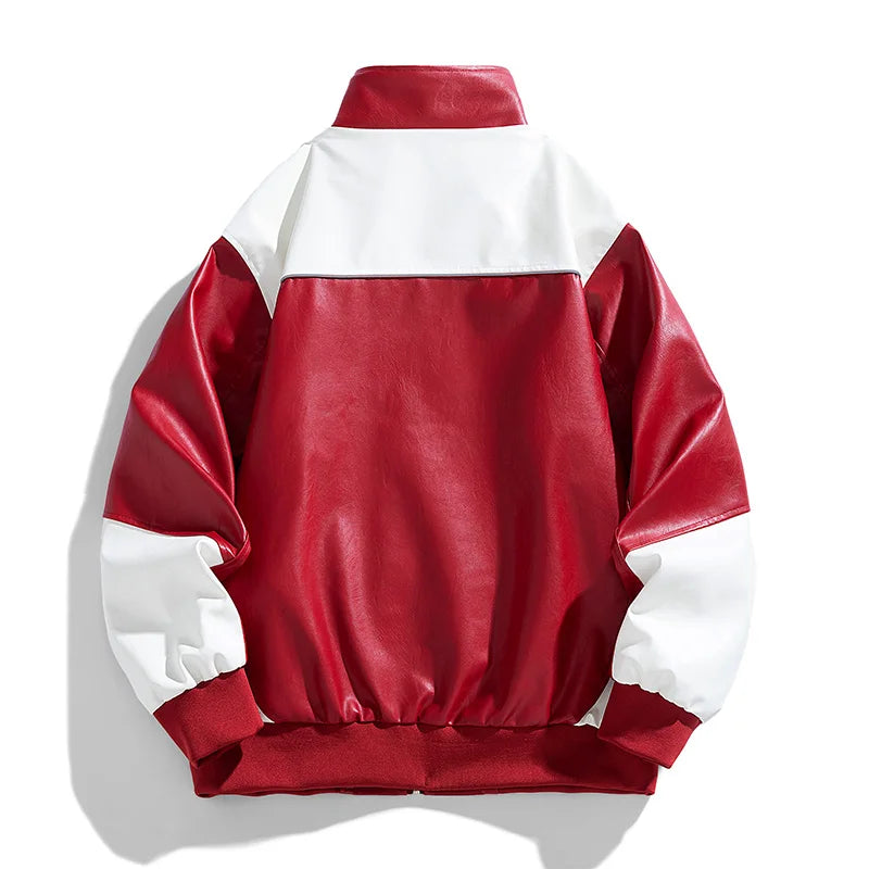 Fashion Leather Jacket Men Motorcycle Biker Jacket Man Original Patchwork Coat Baggy Letter Embroidery Designer Clothes Red 2025