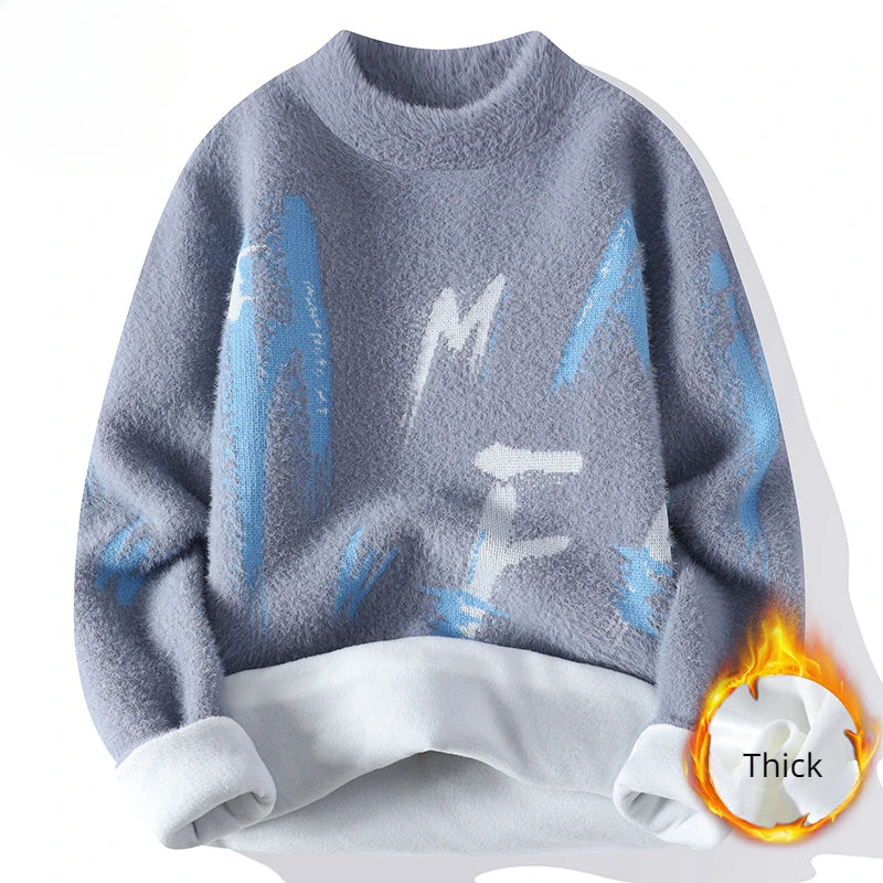Winter Knitted Sweater Men Letter Fashion Casual Sweater Knitwear Warm Letter Mock Neck Pullover Men Clothing Korean Youth 2023