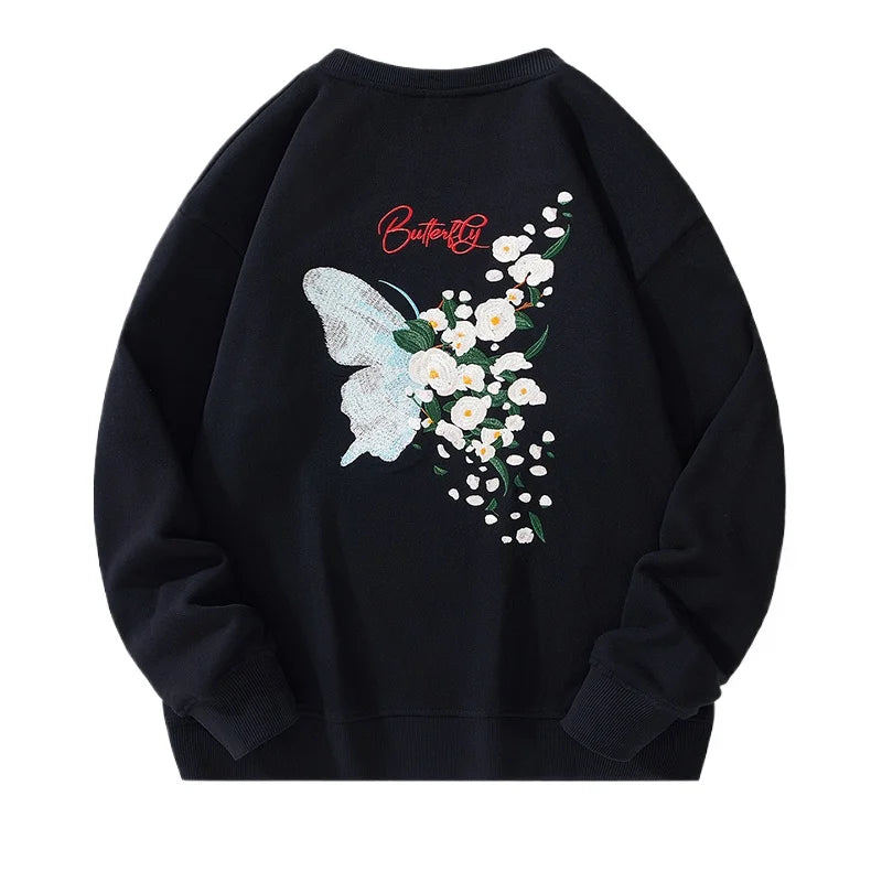 Fashion Crewneck Sweatshirt Men Butterfly Embroidery Hoodies Women Flower Graphic Harajuku Hoodies High Street Youth Streetwear