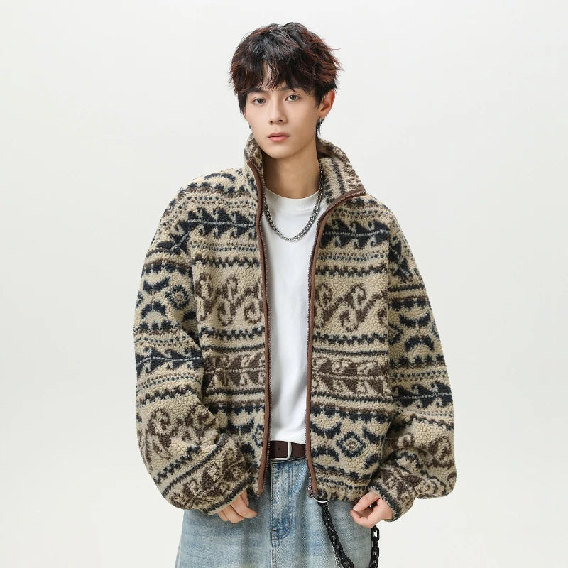 Autumn Winter Fleece Jacket Man Jacquard Fashion Casual Wool Velvet Jacket Men Warm Coat Ethnic Style Women Couple Streetwear
