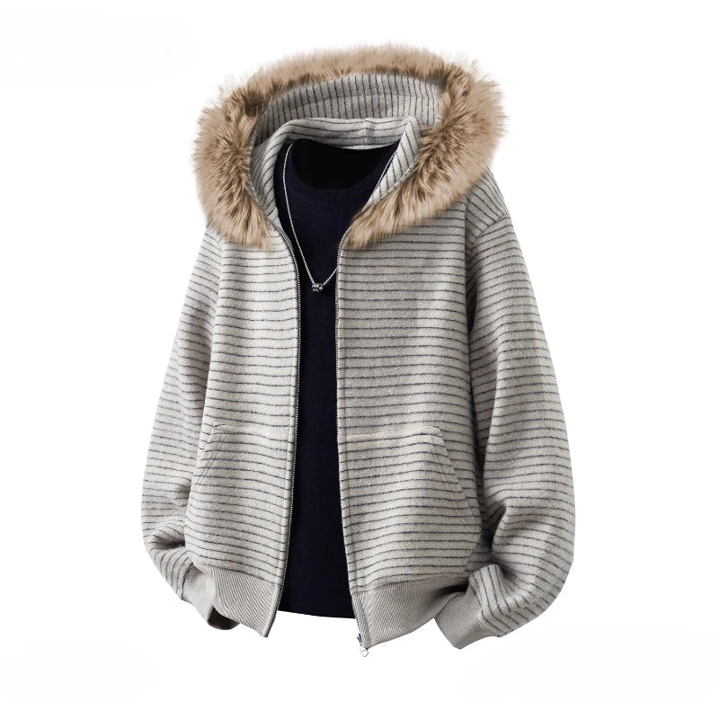 Zip Up Hoodie Man Stripe Hoodies Women Fashion Fur Collar Vintage Sweatshirt Hooded Zipper Coat Japanese Designer Harajuku 2025