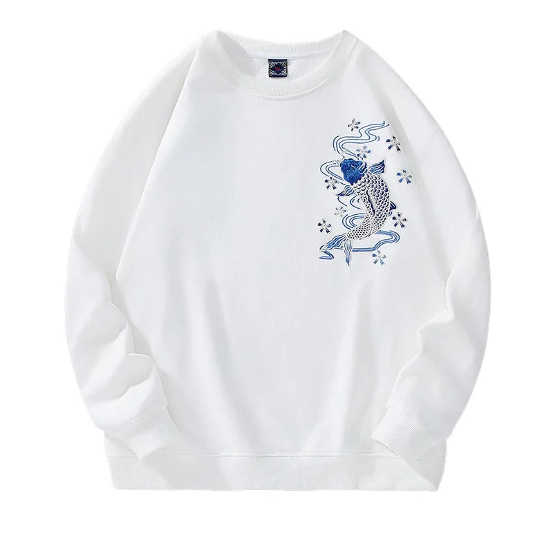 Mens Embroidery Hoodies Women Koi Carp Casual Harajuku Hoodies Japanese Crewneck Sweatshirt Cotton Fleece Pullover Couple Unisex