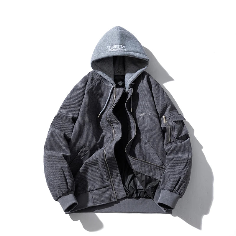 Fashion Bomber Jacket Man Vintage Letter Embroidery Pilot Jacket Women Solid Cotton Corduroy Autumn Winter Coat Hooded Designer