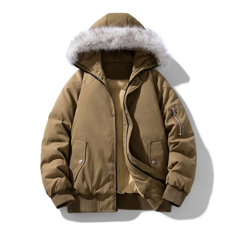 Winter Bomber Jacket Man Fashion Fur Collar Solid Pilot Jacket Women Thick Warm Outwear Parkas Coat Hooded Original Korean 2025