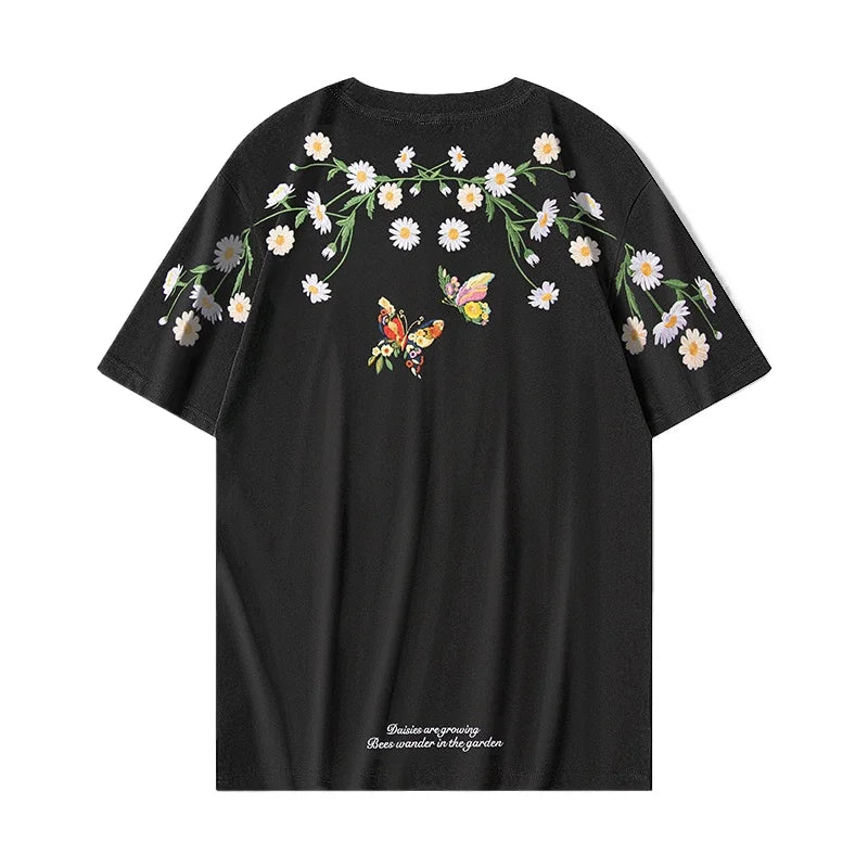 Fashion Men T Shirt Vintage Embroidery T Shirt Women Daisy Hip Hop Tees Shirt Cotton Harajuku Loose Summer Top Flower Butterfly