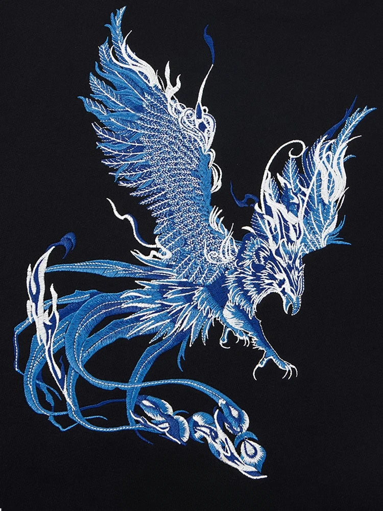 Embroidery T Shirt Men Phoenix Fashion Hip Hop T Shirt Women Japanese Harajuku Tees Tops Short Sleeve Vintage Streetwear Unisex
