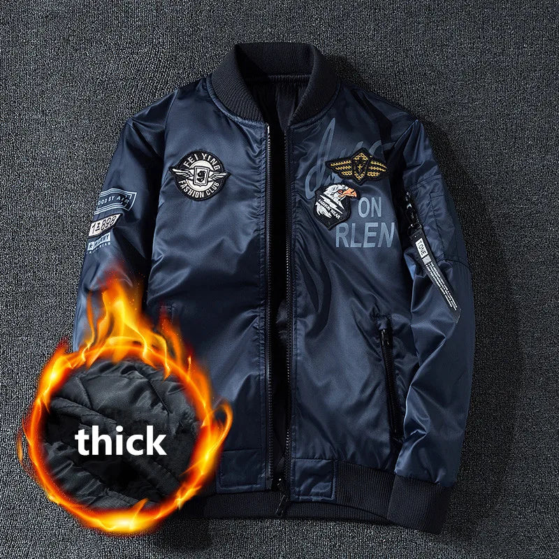 Winter Bomber Jacket Men Military Pilot Jacket Badge Fashion Double Side Wear Motorcycle Jacket Autumn Youth Men Clothing Pocket