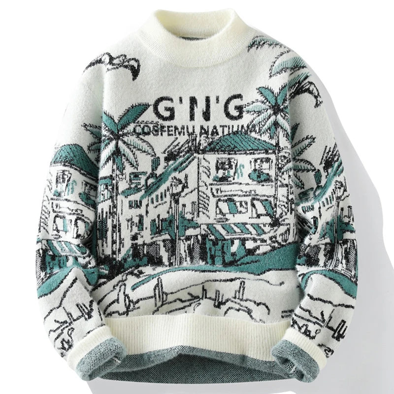 Vintage Knitted Sweater Men Casual Winter Knitwear Sweater Crewneck Jacquard Thick Warm Korean Pullover Youth Clothing Hipster