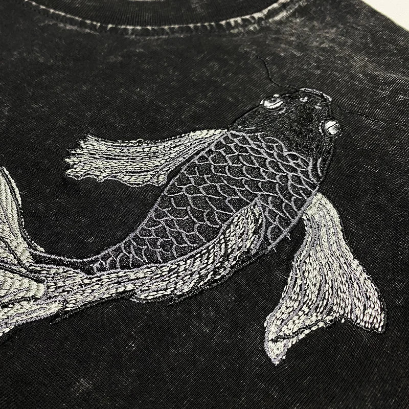 Vintage Hip Hop T Shirt Man Embroidery Washed T-shirt Women Chinese Carp Loose Harajuku Tees Short Sleeve Designer Streetwear