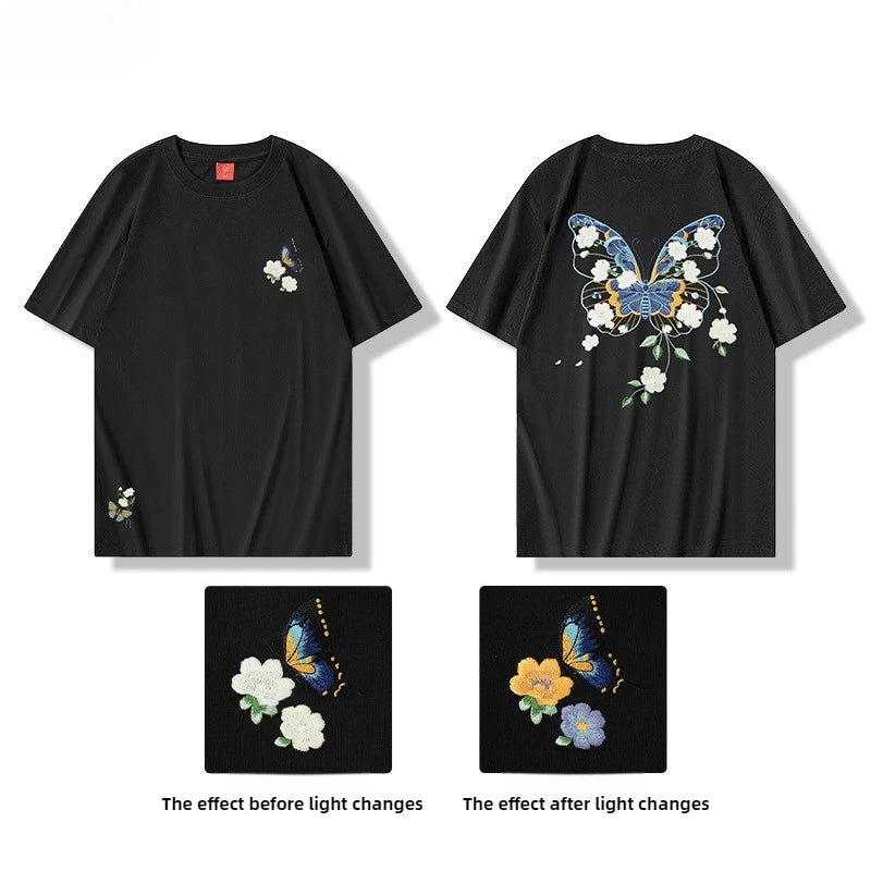 Men Embroidery T Shirt Flower Butterfly Graphic T Shirts Women Fashion Streetwear Designer Tees Cotton O Neck High Street 2025