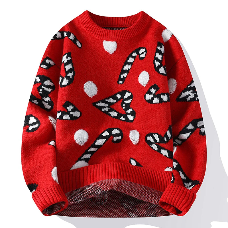 Christmas Print Knitted Sweater Men Vintage Knitwear Sweater Jacquard Thick Warm Korean Crewneck Pullover Male Youth Hipster Red