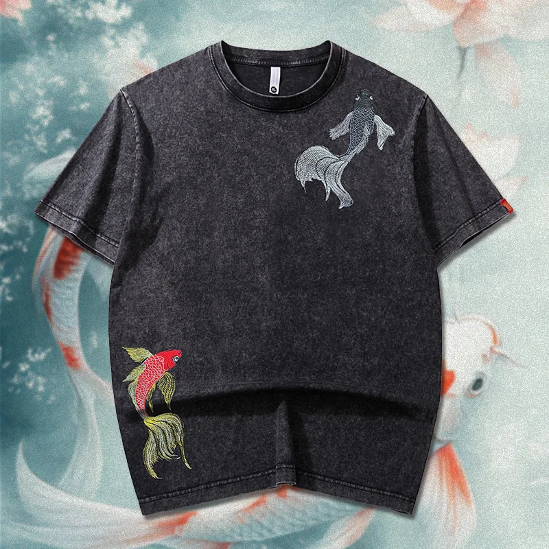 Vintage Hip Hop T Shirt Man Embroidery Washed T-shirt Women Chinese Carp Loose Harajuku Tees Short Sleeve Designer Streetwear
