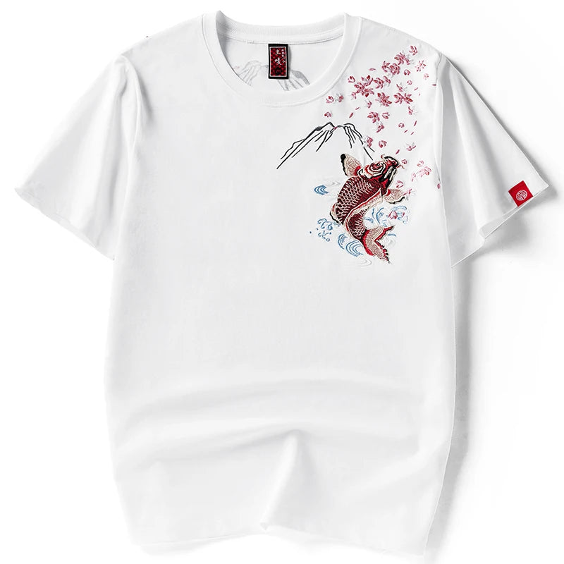 Embroidery T Shirt Men Chinese Brocade Carp Harajuku T Shirt Men Vintage Graphic Tees Short Sleeve Summer Streetwear Big Size