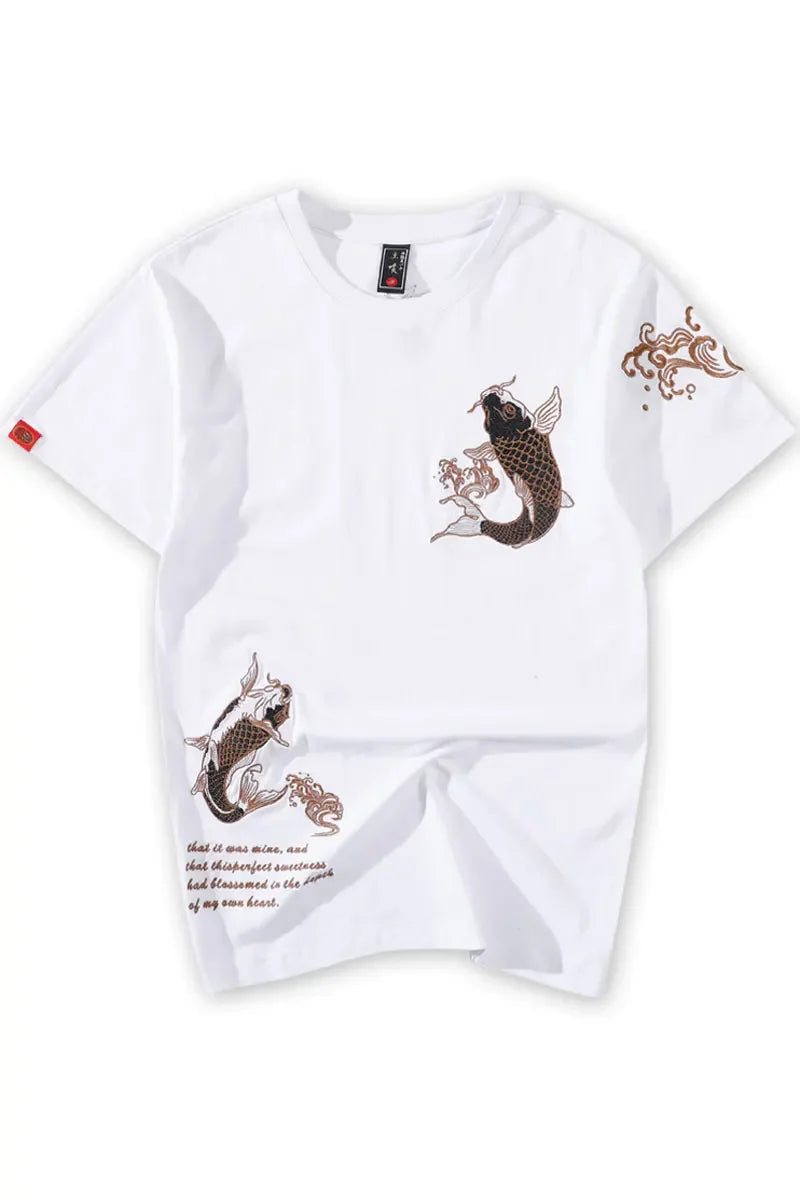 T Shirt Men Chinese Embroidery Cotton T Shirt Men Short Sleeve Fish Casual Loose Breathable Summer Top Harajuku Streetwear Male