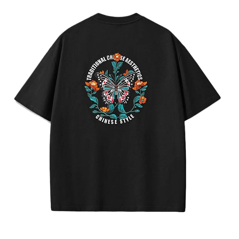 Vintage T Shirt Men Hip Hop Embroidery T Shirt Women Butterfly Letter Cotton Short Sleeve Harajuku Tees Casual Loose Unisex 2025