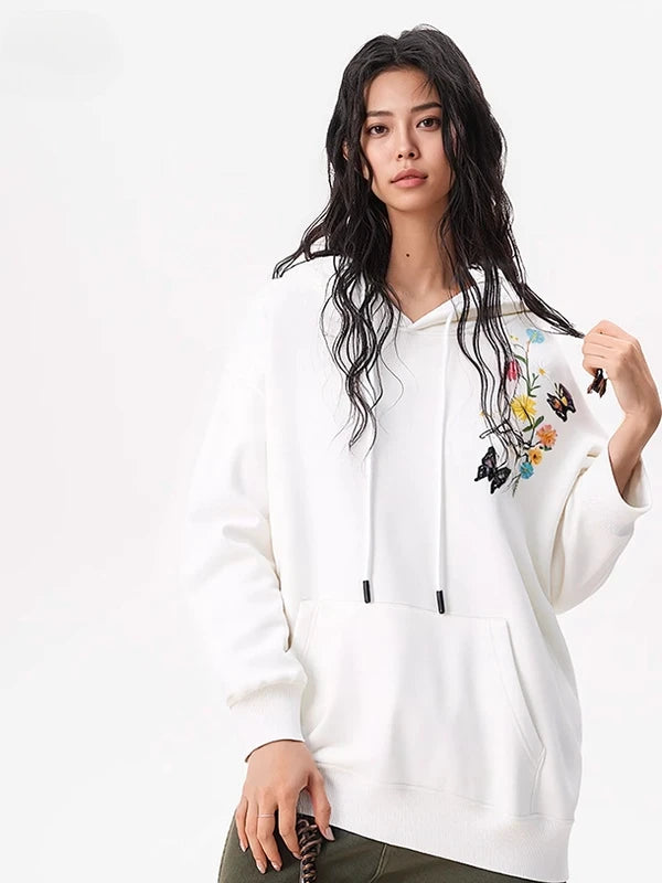 Casual Harajuku Hoodies Man Daisy Butterfly Embroidery Hoodies Women Oversize Hooded Sweatshirts Loose Couple Hoody Pullover