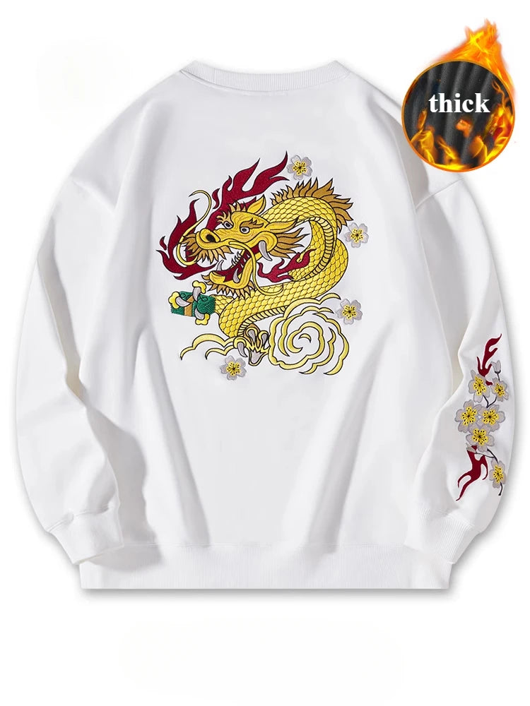 Crewneck Sweatshirt Men Casual Embroidery Hoodies Vintage Chinese Hip Hop Warm Fleece Pullover Cotton Harajuku Streetwear Youth