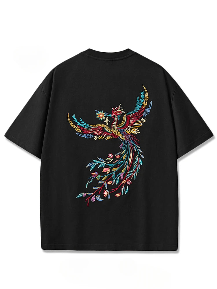 Embroidery T Shirt Men Phoenix Vintage Graphic Tees Harajuku Cotton Short Sleeve Chinese Hip Hop T Shirt Women Summer Fashion