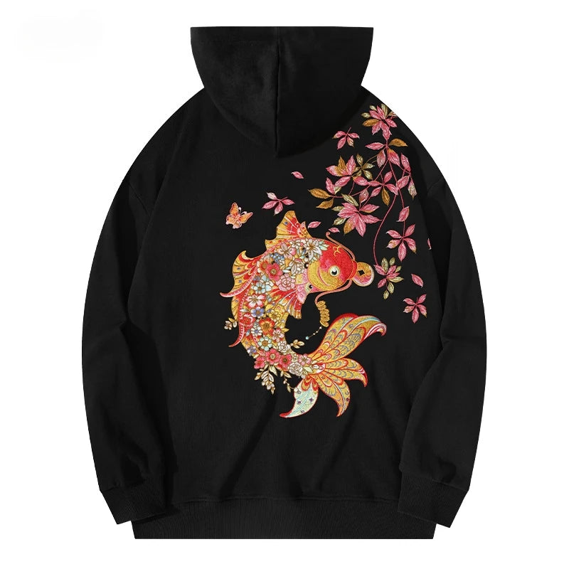 Fashion Embroidery Hoodies Man Brocaded Carp Sweatshirt Women Harajuku Hoodies Oversize Chinese Vintage Hoody Couple Pullover