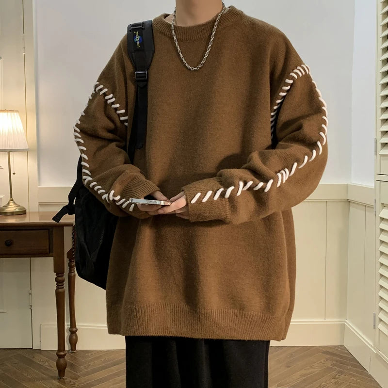 Autumn Fashion Vintage Knitted Sweater Men Hip Hop Sweater Knitwear Sweater Harajuku Japanese Solid Color Casual Pullover Male