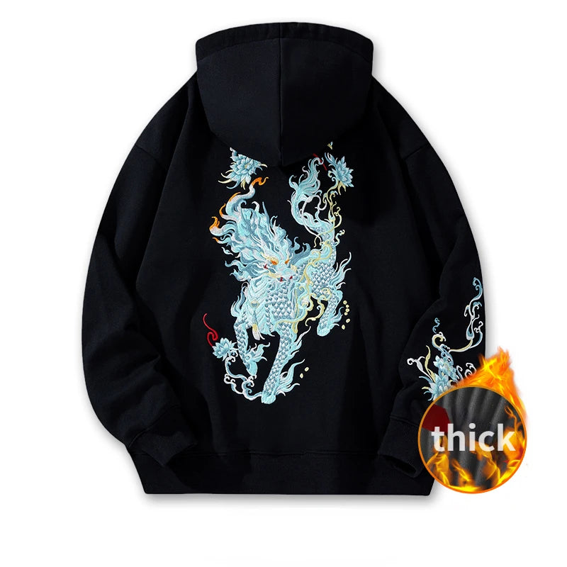 Vintage Hoodies Men Dragon Embroidery Hoodies Women Hip Hop Hooded Sweatshirt Chinese Streetwear Hoody Cotton Fleece Pullover