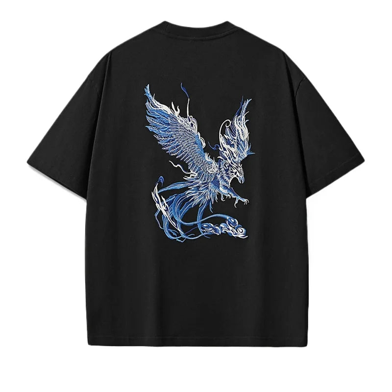 Embroidery T Shirt Men Phoenix Fashion Hip Hop T Shirt Women Japanese Harajuku Tees Tops Short Sleeve Vintage Streetwear Unisex