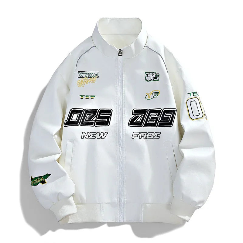 Motorcycle Leather Jackets Man Letter Embroidery Leather Coat Patchwork Fashion Streetwear American Motor Jacket Red White Black