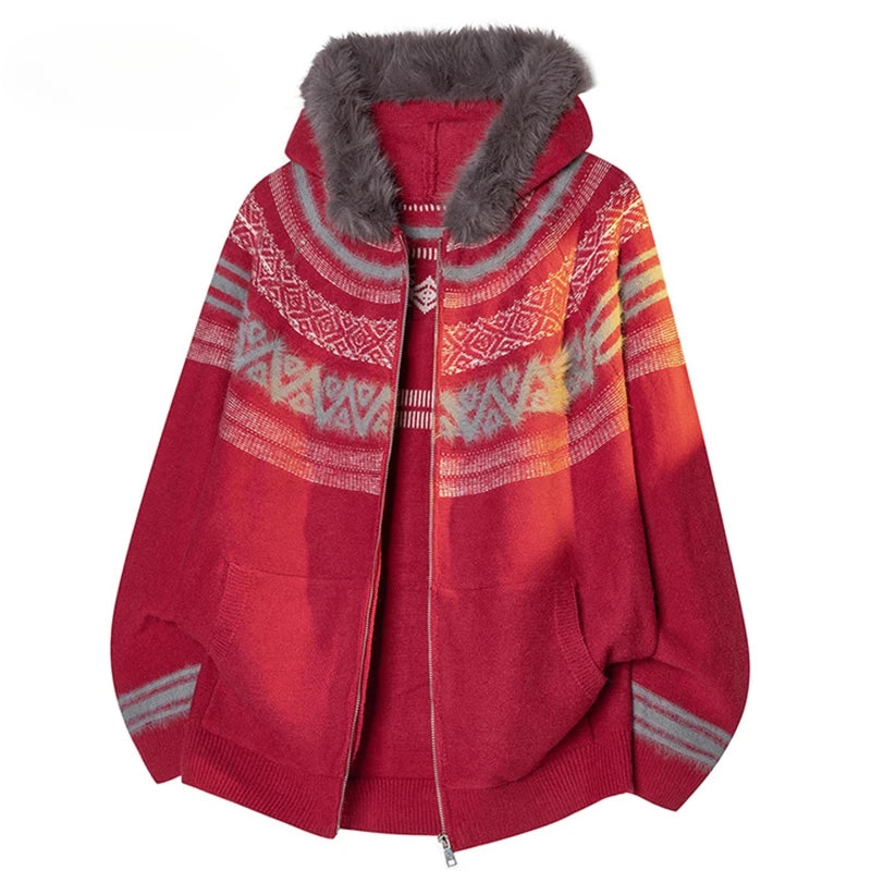 Cardigan Men Vintage Knitted Hooded Sweater Women Fashion Fur Collar Casual Jacquard Sweater Loose Japanese Harajuku Unisex Hat