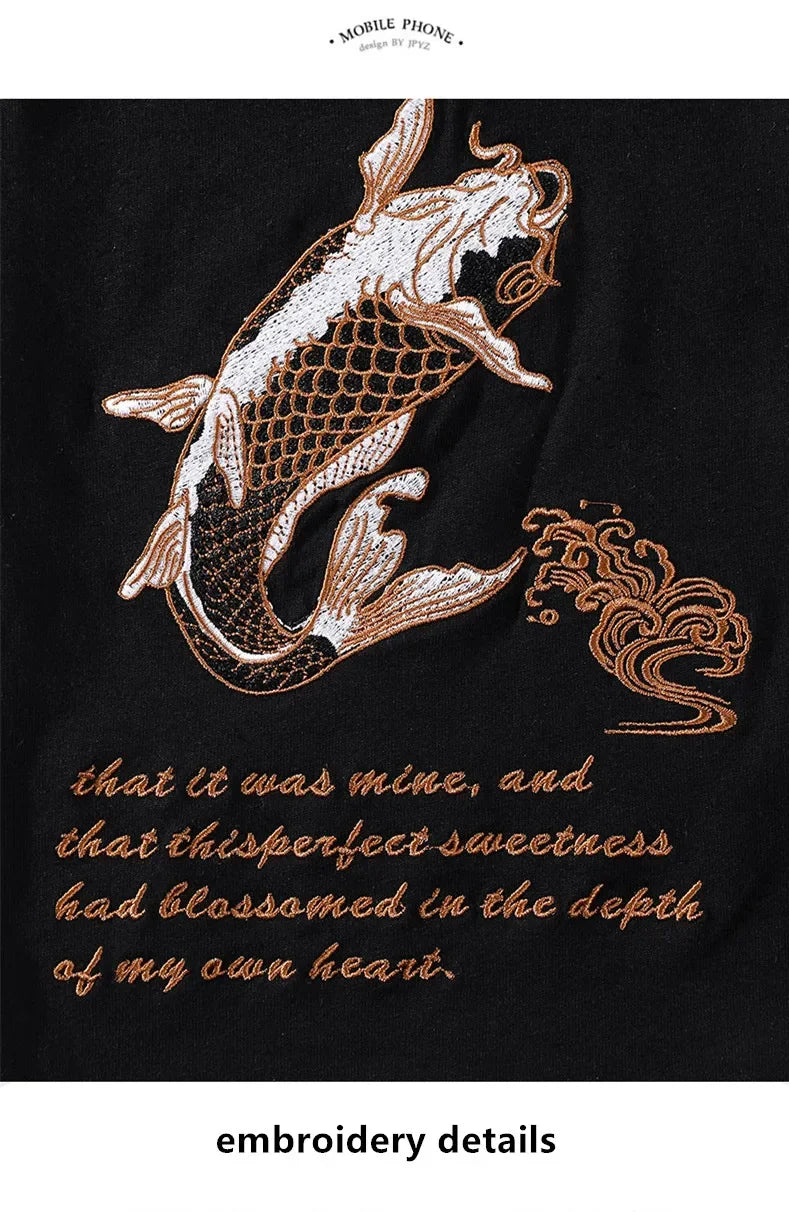 T Shirt Men Chinese Embroidery Cotton T Shirt Men Short Sleeve Fish Casual Loose Breathable Summer Top Harajuku Streetwear Male