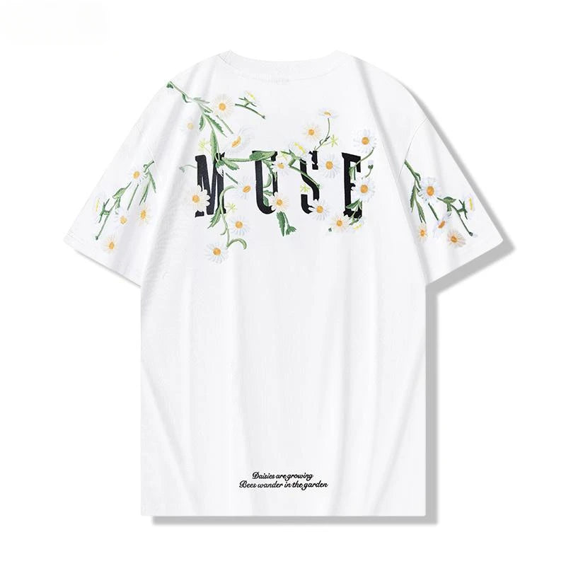 Summer Mens T Shirts Fashion Daisy Embroidery T Shirt Women Loose Cotton Design Casual Short Sleeve Tees High Street Couple 2025