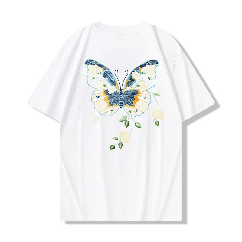 Men Embroidery T Shirt Flower Butterfly Graphic T Shirts Women Fashion Streetwear Designer Tees Cotton O Neck High Street 2025