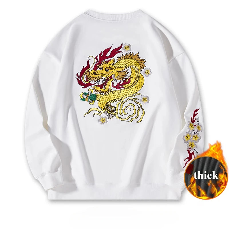 Crewneck Sweatshirt Men Casual Embroidery Hoodies Vintage Chinese Hip Hop Warm Fleece Pullover Cotton Harajuku Streetwear Youth
