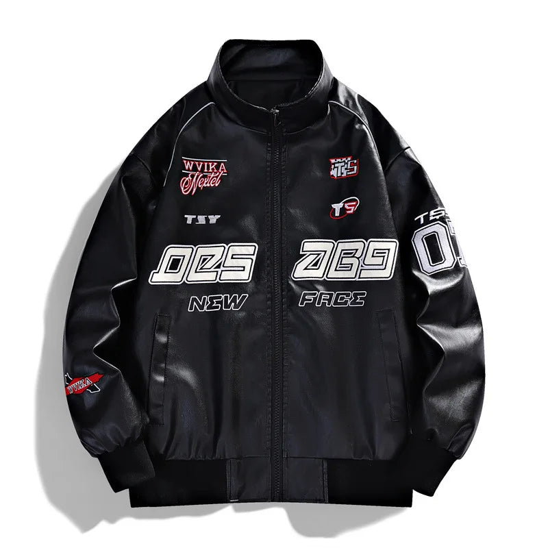 Motorcycle Leather Jackets Man Letter Embroidery Leather Coat Patchwork Fashion Streetwear American Motor Jacket Red White Black