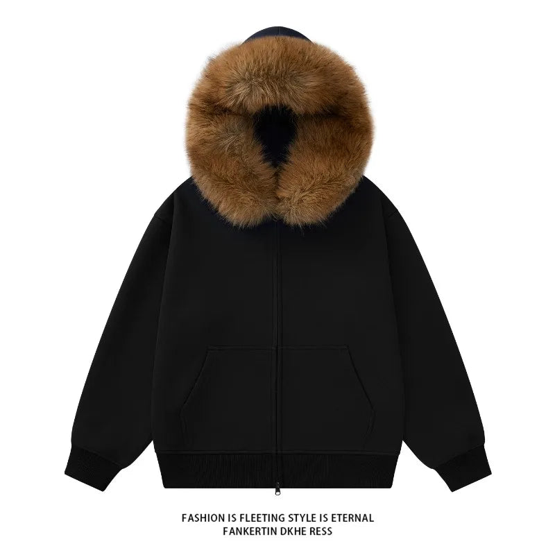 Fashion Hoodie Man Big Size Oversize Hoodies Women Fur Collar Solid Color Hooded Sweatshirt Casual  American Vintage Zipper 2025