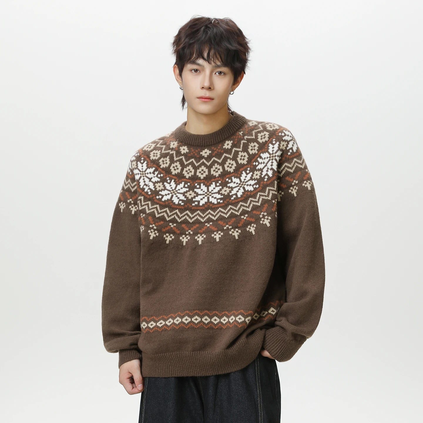 Knitted Sweater Man Vintage Jacquard Fashion Sweater Men Women Casual Knitwear Loose American Knit Sweater Couple Streetwear