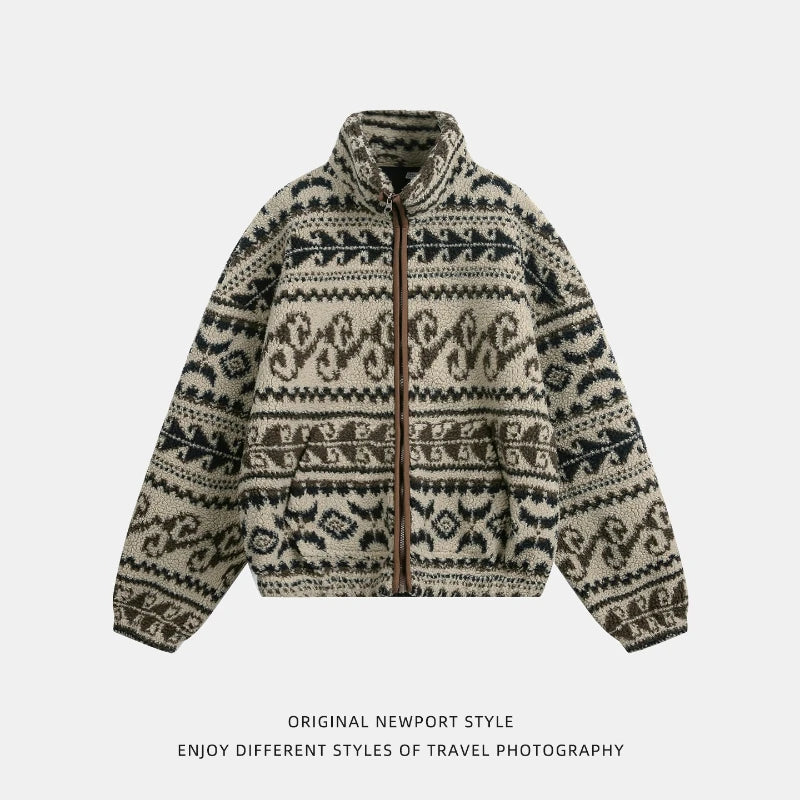 Autumn Winter Fleece Jacket Man Jacquard Fashion Casual Wool Velvet Jacket Men Warm Coat Ethnic Style Women Couple Streetwear