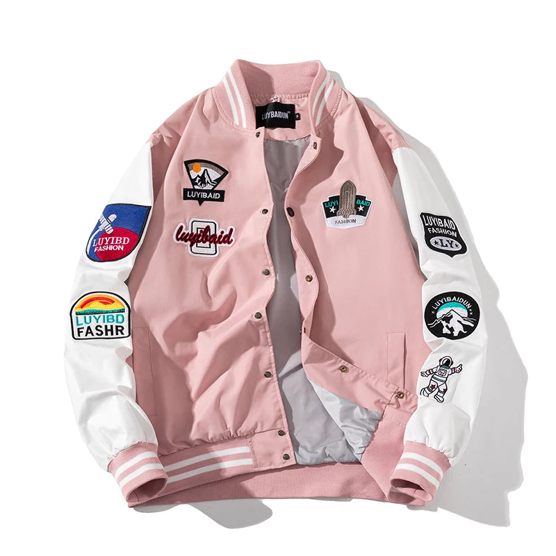 Autumn Winter Varsity Jacket Men Fashion Baseball Jacket Women Embroidery Letter American Coat College Streetwear Button Pink