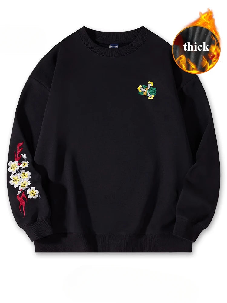 Crewneck Sweatshirt Men Casual Embroidery Hoodies Vintage Chinese Hip Hop Warm Fleece Pullover Cotton Harajuku Streetwear Youth