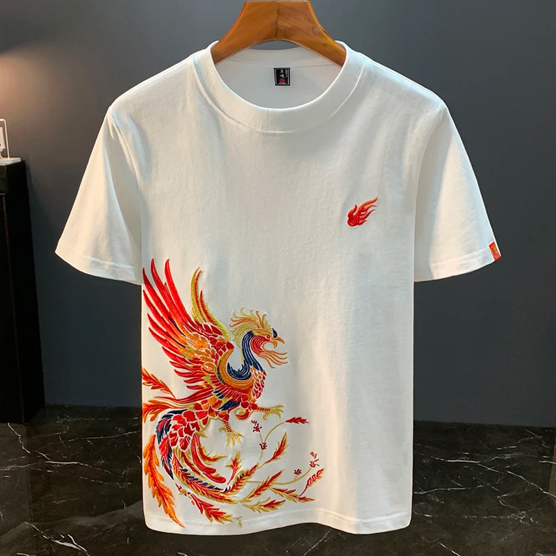 Summer T Shirt Man Harajuku Phoenix Embroidery T Shirt Woman Vintage Hip Hop Tees Fashion Short Sleeve Chinese Cool Streetwear