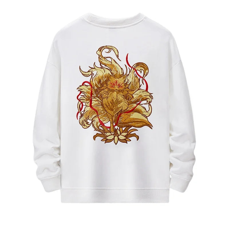 Hip Hop Crewneck Sweatshirt Men Vintage Fox Embroidery Hoodies Women Fashion Cotton Japanese Harajuku Pullover Streetwear Male
