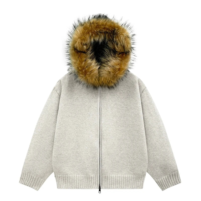 Man Cardigan Jacket Fur Collar Hooded Hooded Sweater Coat Women Fashion Knitted Sweater Casual Harajuku Zipper Couple Japanese